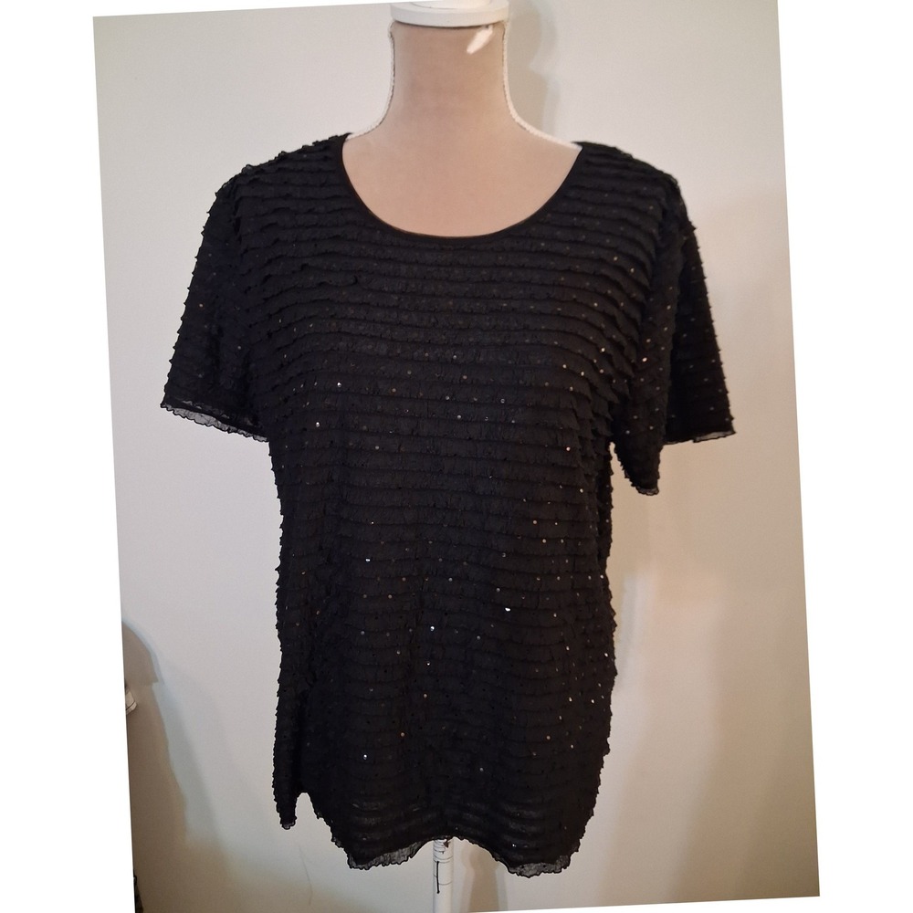 Alfred Dunner Black Ruffle Sequin Top Short Sleeve Blouse Medium Whimsygoth